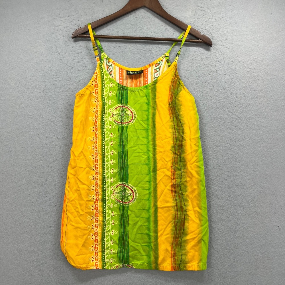Uluwatu Cami Tank Top Women Large Yellow Green Paisley Floral Boho Bali Vacation
